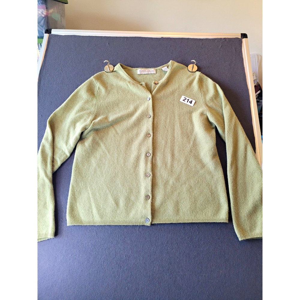 Valerie Stevens Green Solid Knit V-Neck Cashmere Cardigan Sweater Womens M